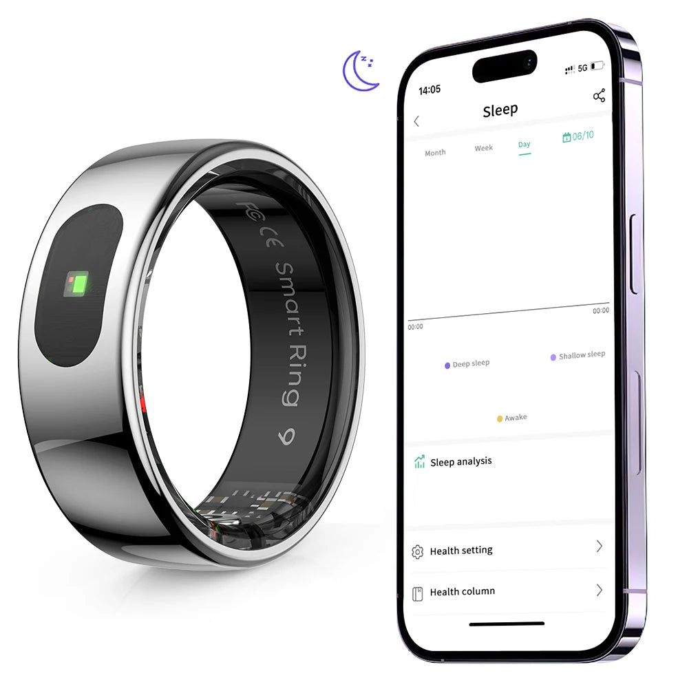 Smart Ring R08 Health and Sleep Monitor 5ATM Waterproof Sports Fitness Tracker with Charging Case for Xiaomi Samsung Phone
