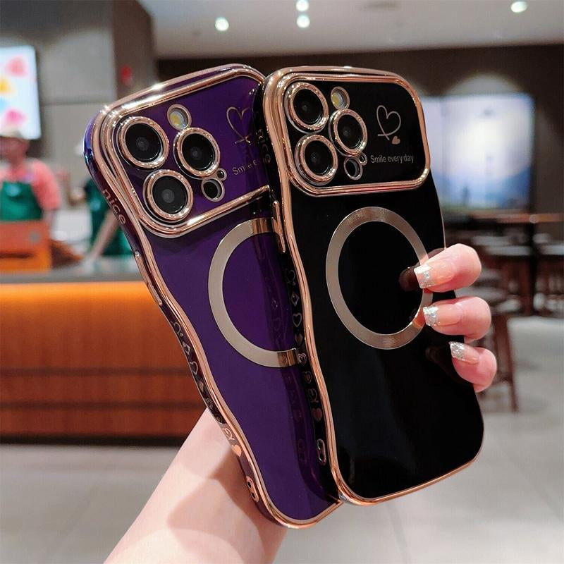 For Iphone 16 Pro Max 15 14 13 12 Magnetic Soft Wave Frame Curly Shape Love Heart Plating Girls Case