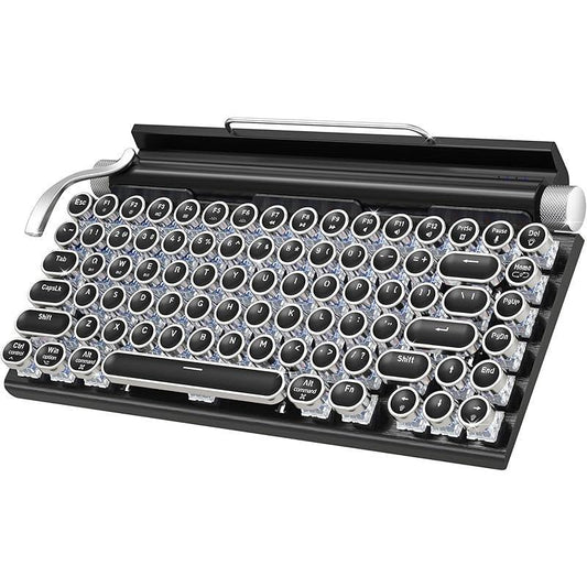 Retro Typewriter Wireless Mechanical Gaming Keyboard, Bluetooth 5.0 Office Computer Vintage Keyboards 83-Key Blue Switches Punk round Keycap, LED Backlight, Compatible with Pc/Laptop/Pad/Phone, Wood