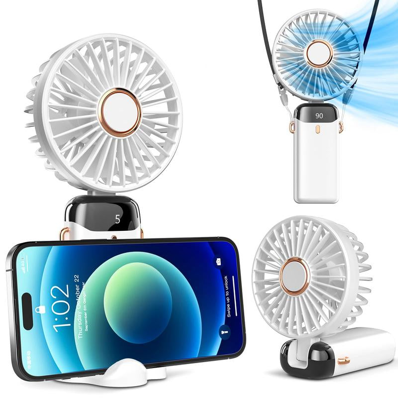 Tiktok Shop Summersale Portable Handheld Fan, 4000Mah Battery Operated with LED Display, 3-In-1 Personal Small Fan for Handheld/Neck/Desk, 90 Foldable with Base, 5 Speed Lash Makeup Fan,8 Hours, for Dorm Bedroom Offic
