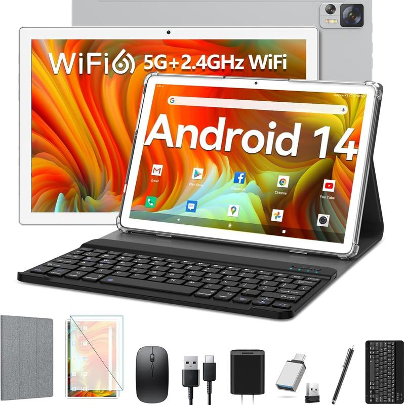 Android 14 Tablet 10 Inch 2025 Latest Wifi 6 with Octa-Core Processor,7000Mah,8Gb RAM+64/1TB ROM Storage,13Mp+8Mp Camera/Gms Certification/Bluetooth 5.0,Tablet with Keyboard/Case/Mouse/Stylus/Gray