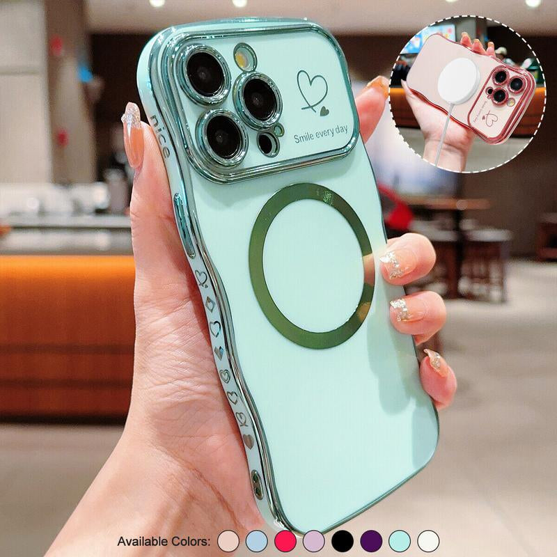 For Iphone 16 Pro Max 15 14 13 12 Magnetic Soft Wave Frame Curly Shape Love Heart Plating Girls Case