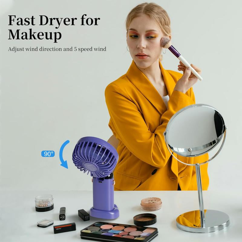 Tiktok Shop Summersale Portable Handheld Fan, 4000Mah Battery Operated with LED Display, 3-In-1 Personal Small Fan for Handheld/Neck/Desk, 90 Foldable with Base, 5 Speed Lash Makeup Fan,8 Hours, for Dorm Bedroom Offic