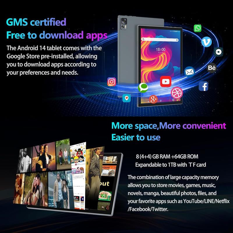 Android 14 Tablet 10 Inch 2025 Latest Wifi 6 with Octa-Core Processor,7000Mah,8Gb RAM+64/1TB ROM Storage,13Mp+8Mp Camera/Gms Certification/Bluetooth 5.0,Tablet with Keyboard/Case/Mouse/Stylus/Gray