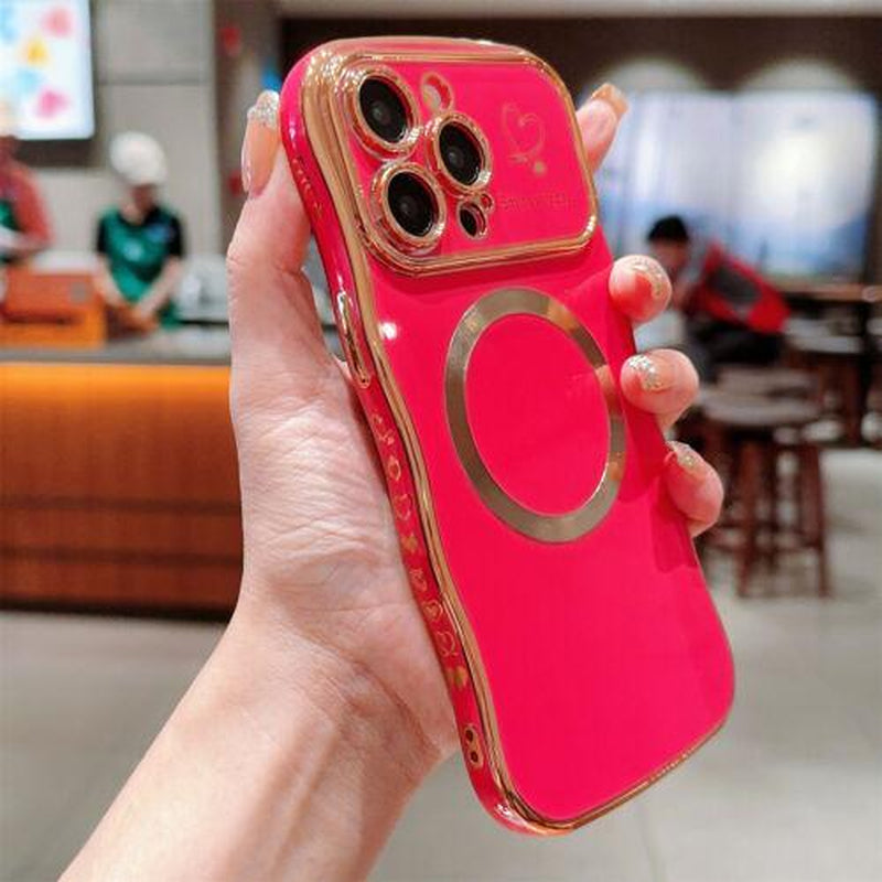 For Iphone 16 Pro Max 15 14 13 12 Magnetic Soft Wave Frame Curly Shape Love Heart Plating Girls Case
