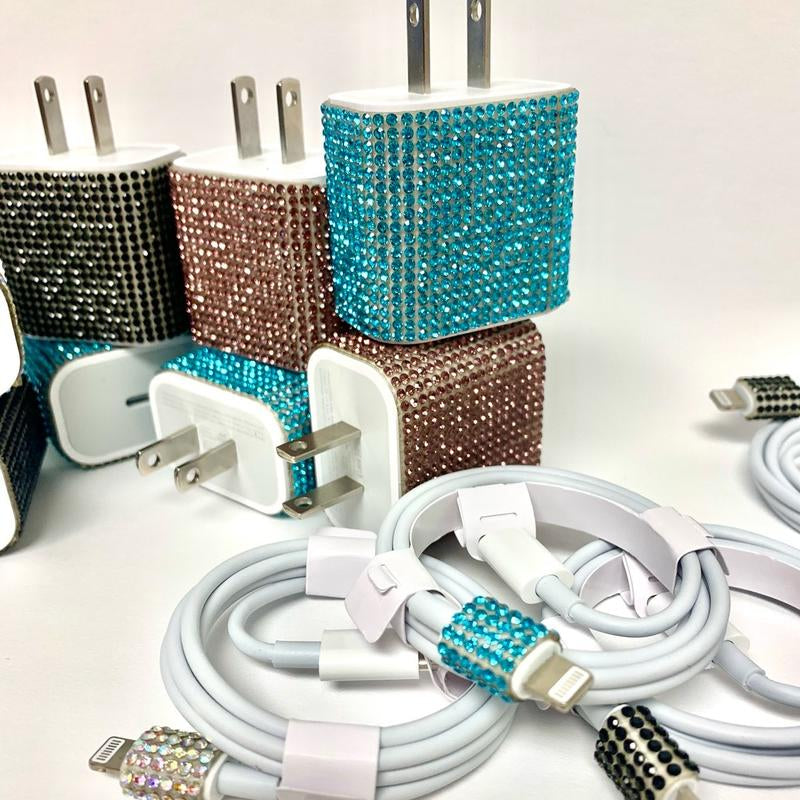 Blinged Out Lightening Cable and Charging Block Charger Usb Smartphone Mobile Electronic Cellphone