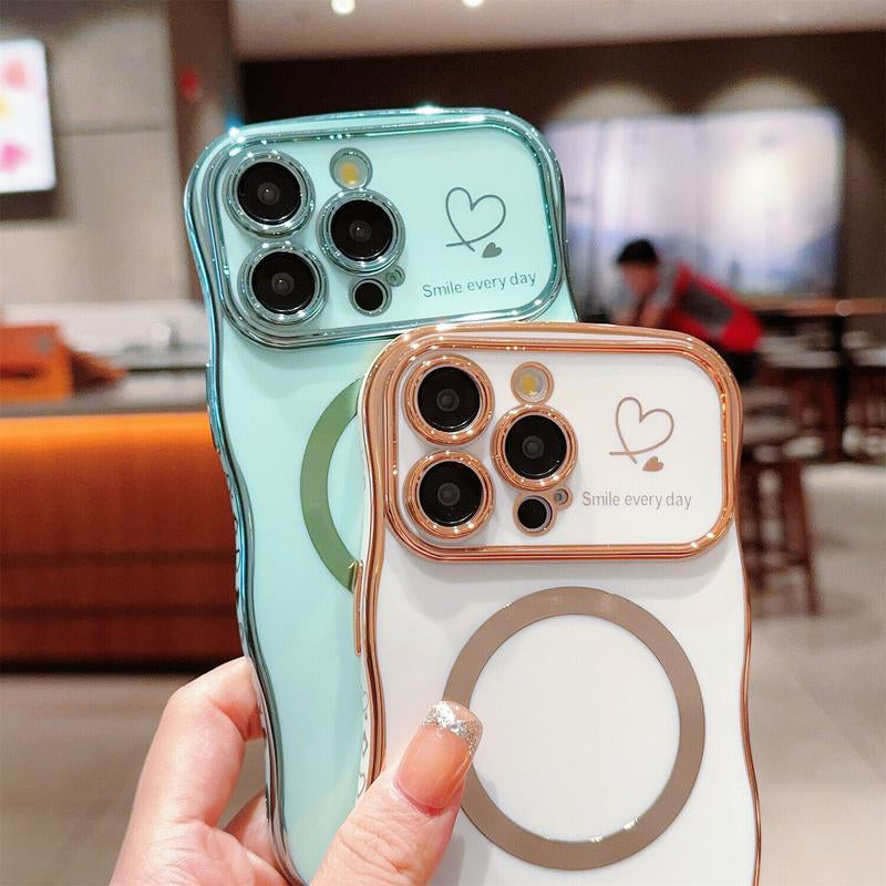 For Iphone 16 Pro Max 15 14 13 12 Magnetic Soft Wave Frame Curly Shape Love Heart Plating Girls Case
