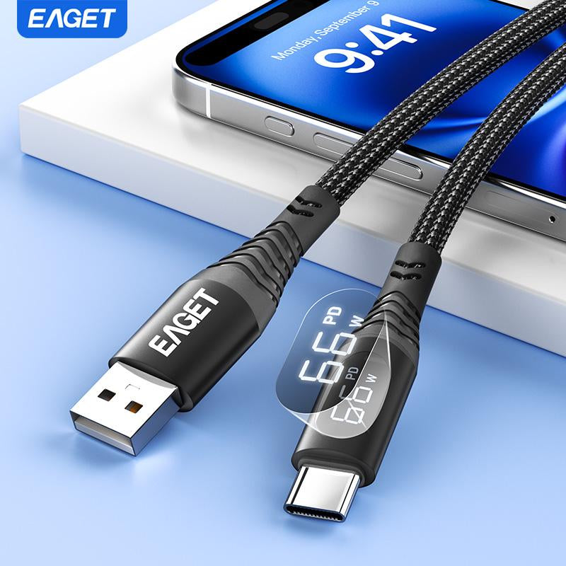EAGET 66W Fast Charging USB-C Data Cable,Intelligent Digital Display Phone Charging Cable,Wear-Resistant Nylon Braided Durable Data Cable ,For Ip 12/13/14/15/16& Samsung/Android Cell Phone, Smartphone Accessories,Dealsforyoudays